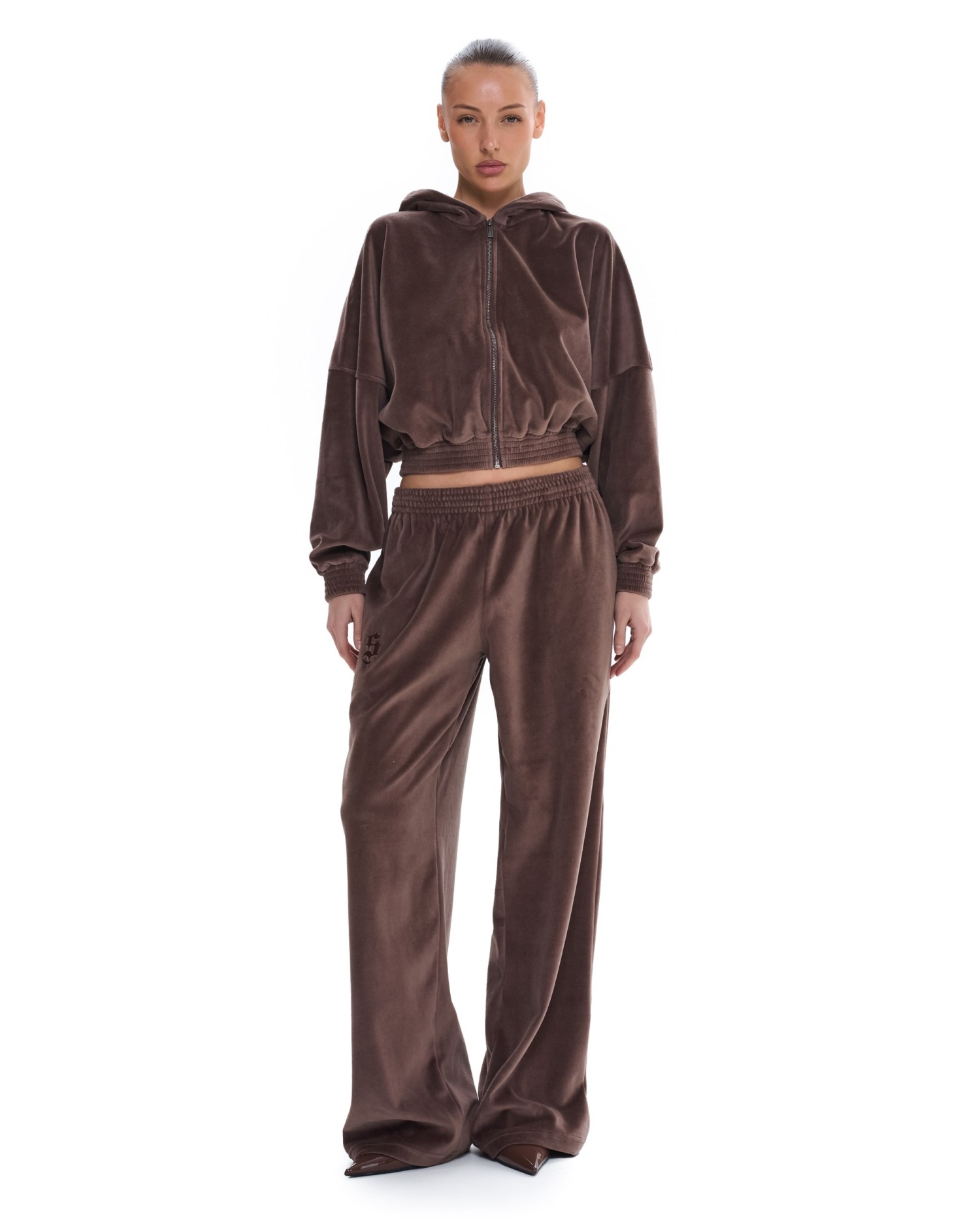 Костюм из велюра с капюшоном (палаццо) Коричневый