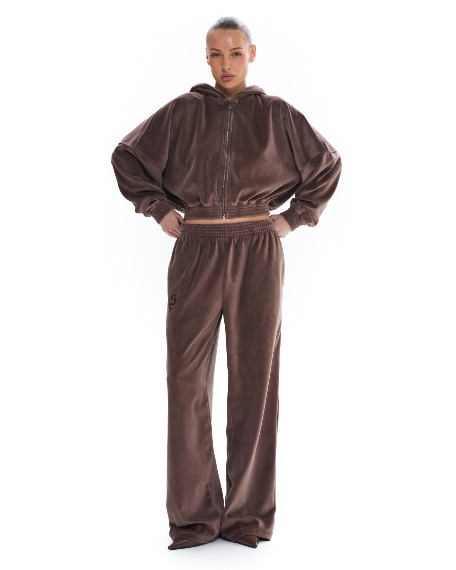 Костюм из велюра с капюшоном (палаццо) Коричневый