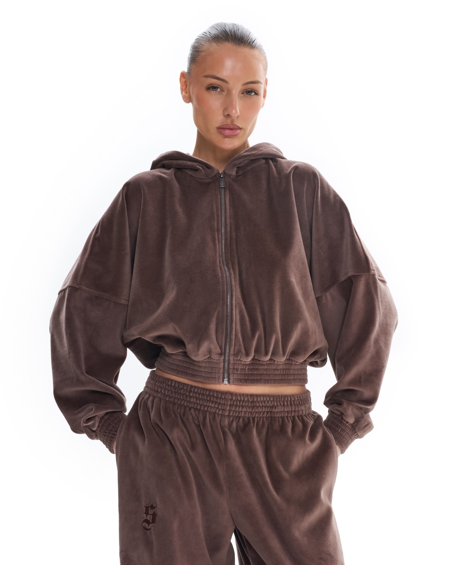 Костюм из велюра с капюшоном (палаццо) Коричневый