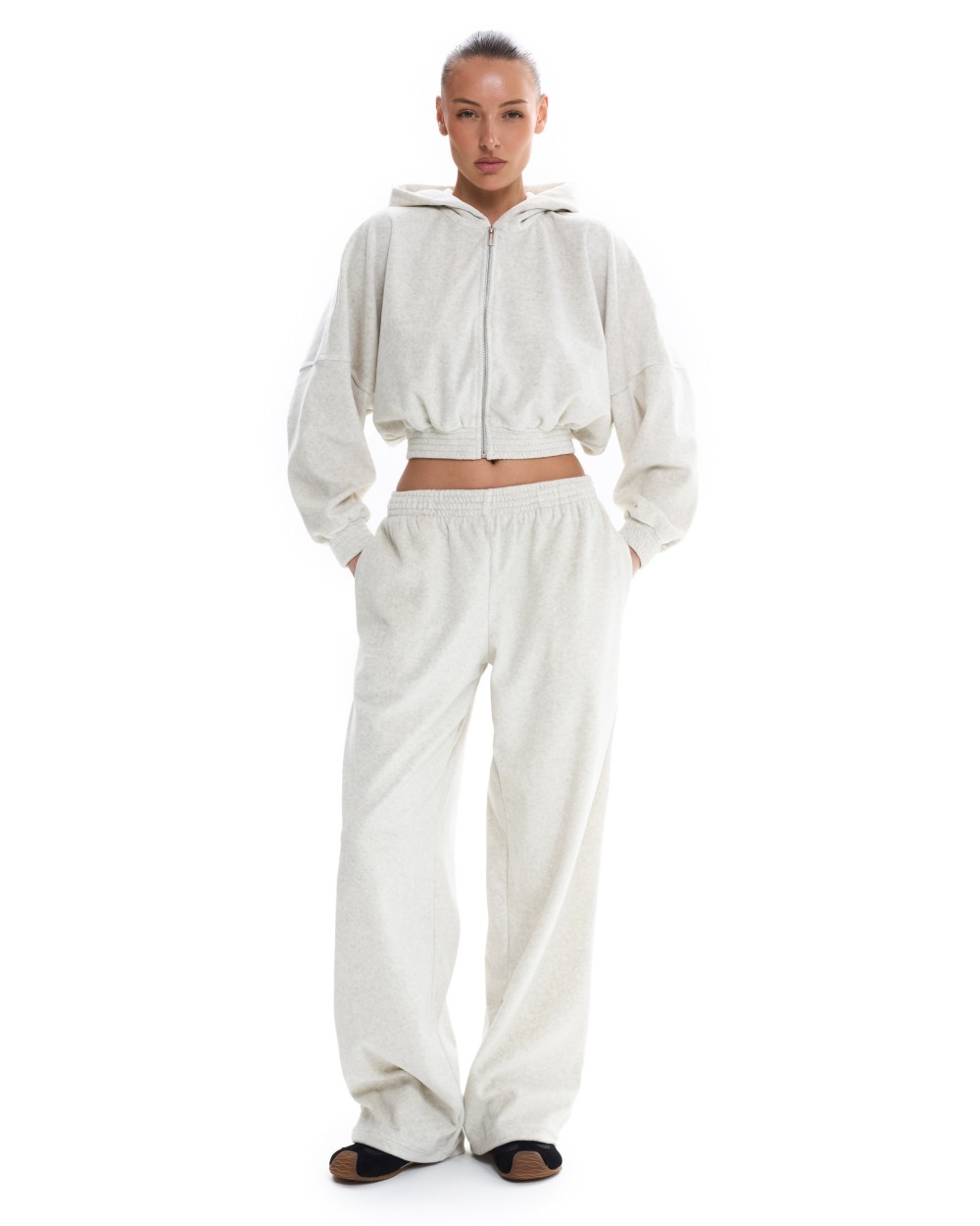 Костюм из велюра с капюшоном (палаццо) Светло-серый меланж