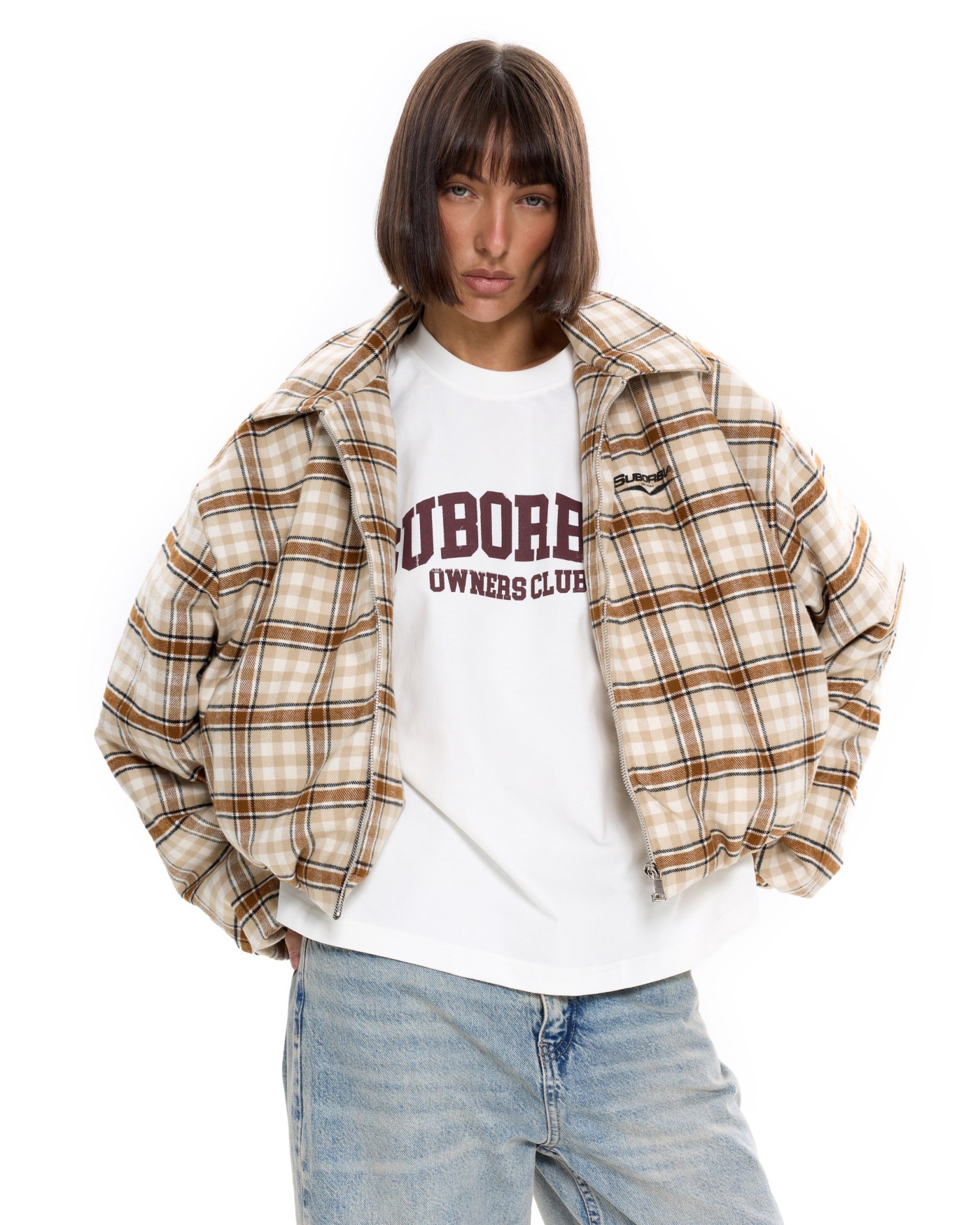 Бомбер в клетку Бежевый