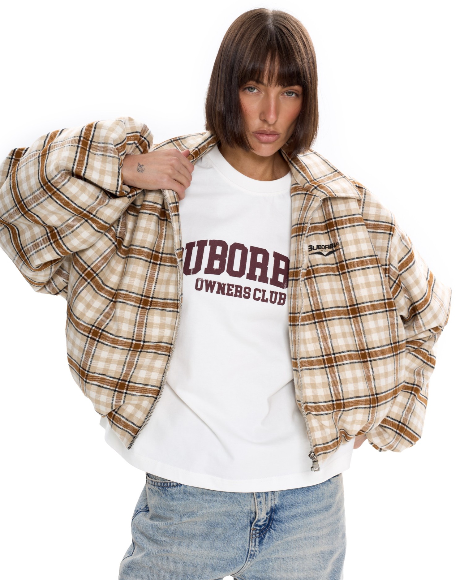 Бомбер в клетку Бежевый