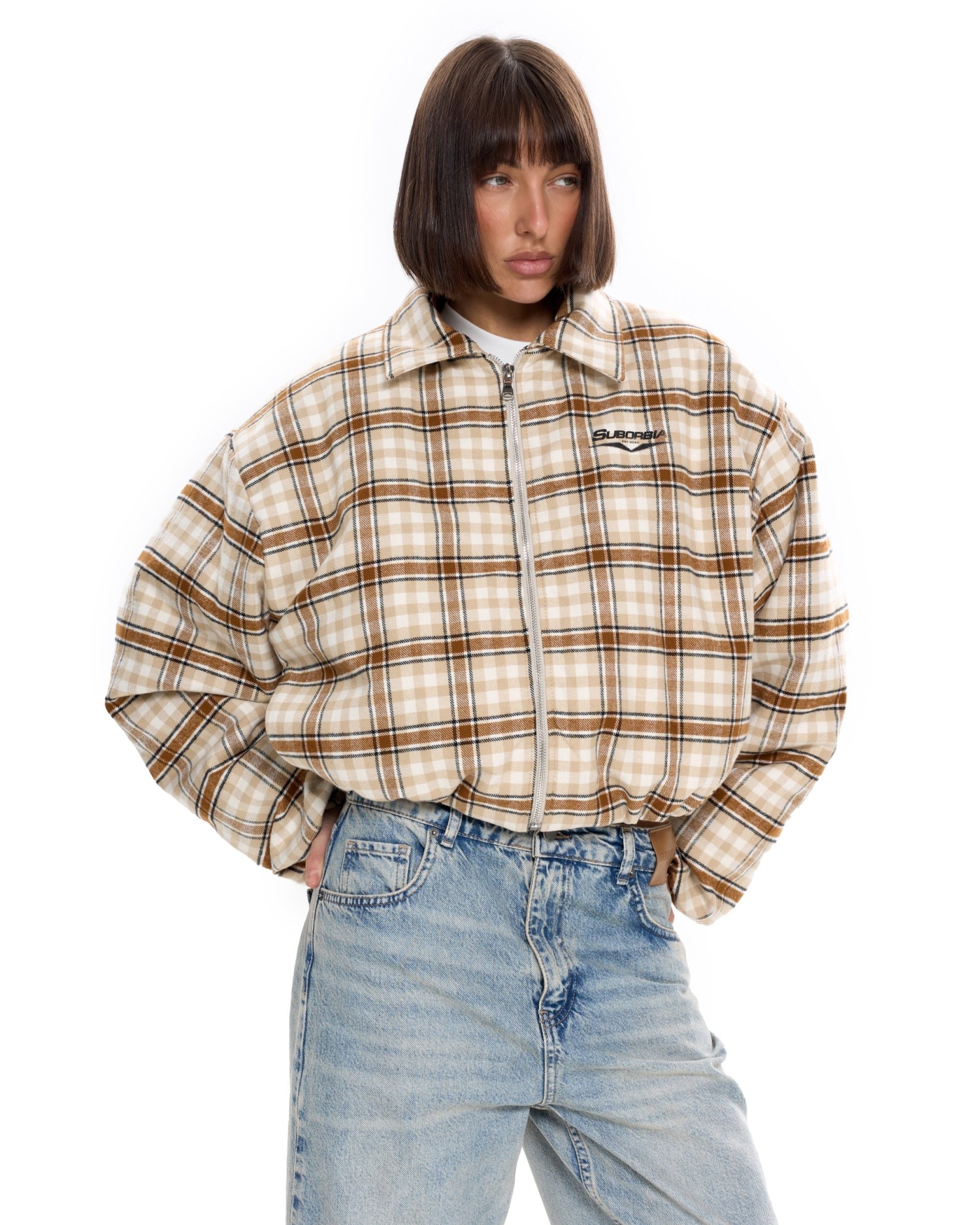 Бомбер в клетку Бежевый