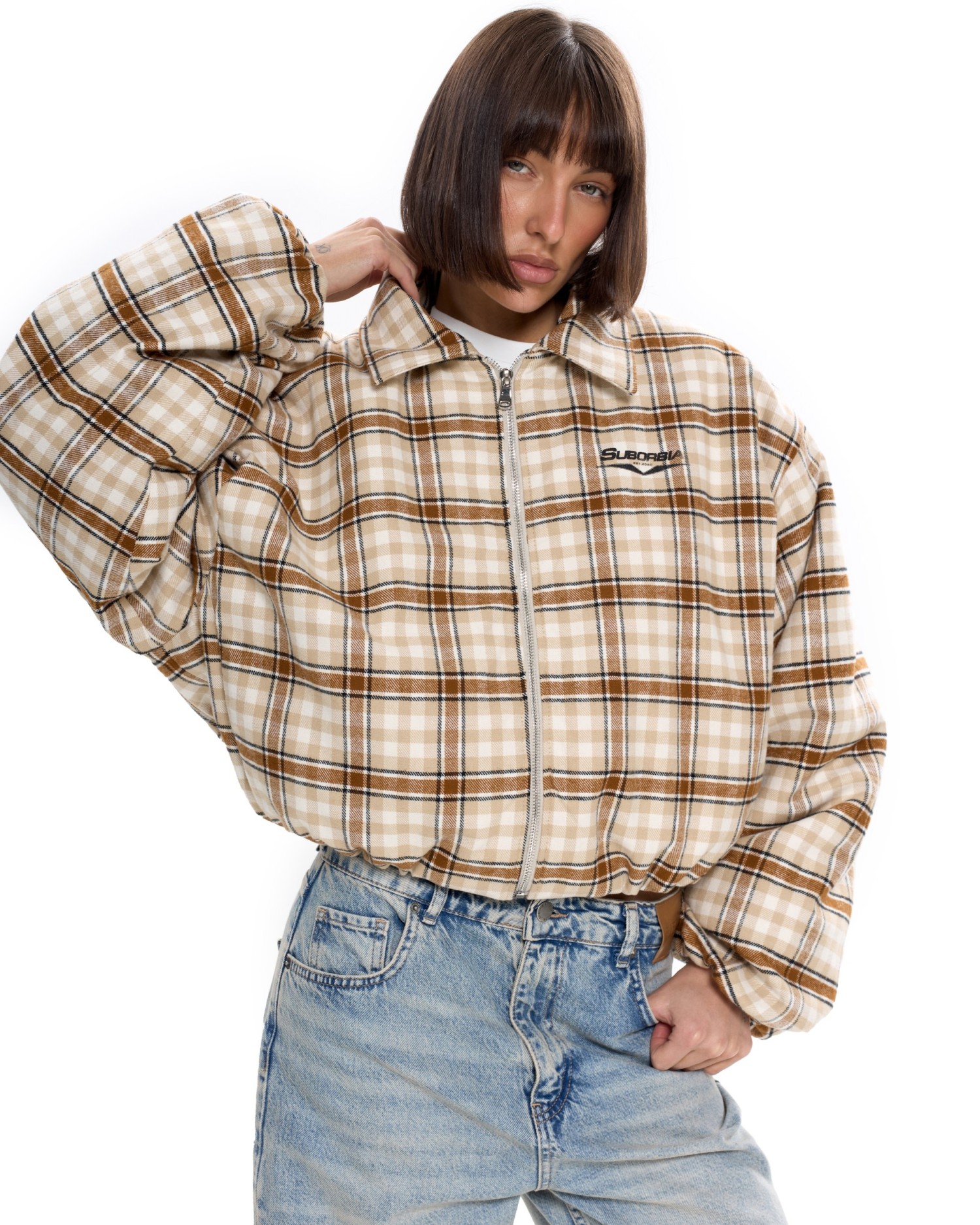 Бомбер в клетку Бежевый