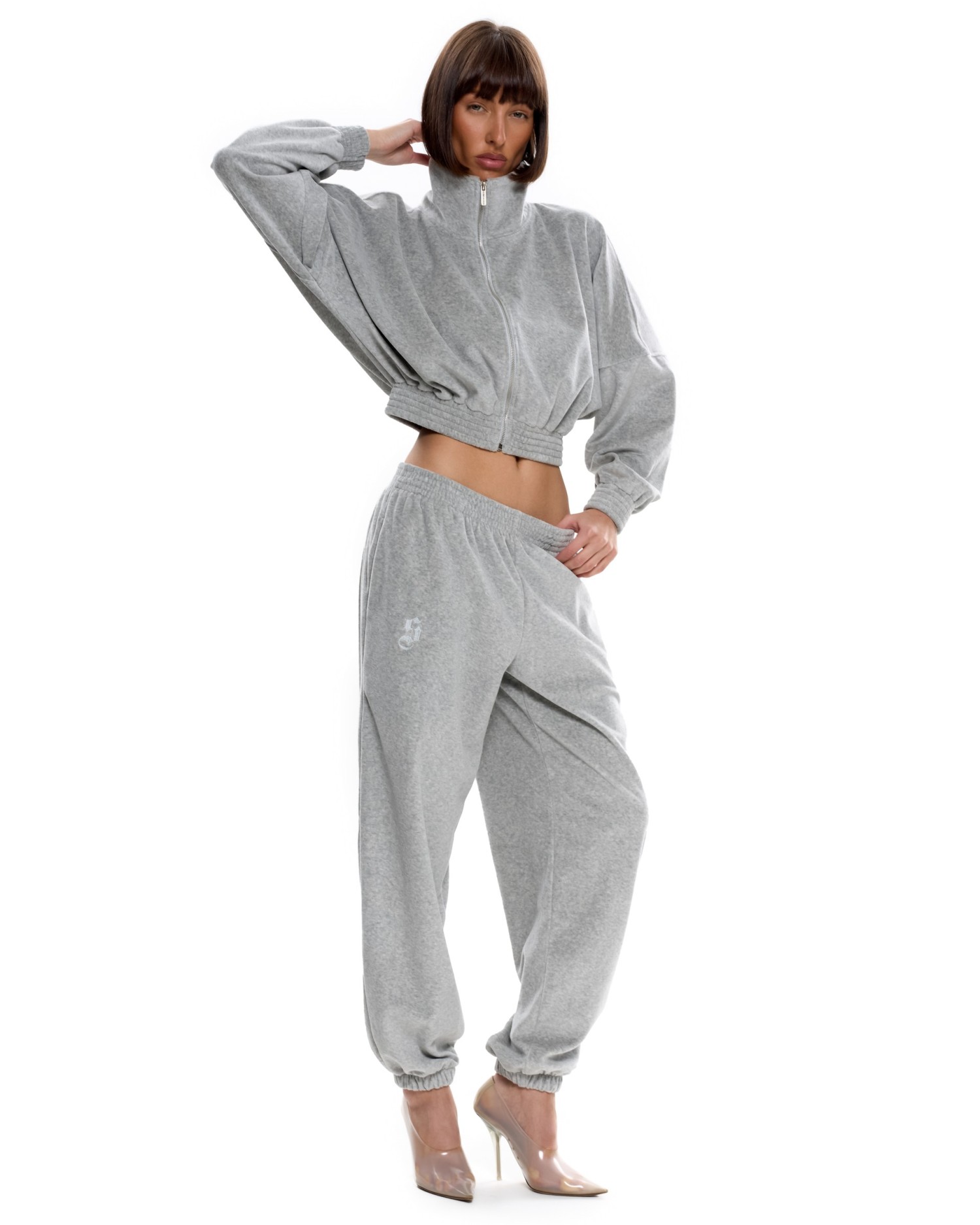 Костюм из велюра без капюшона (джоггеры) Серый меланж